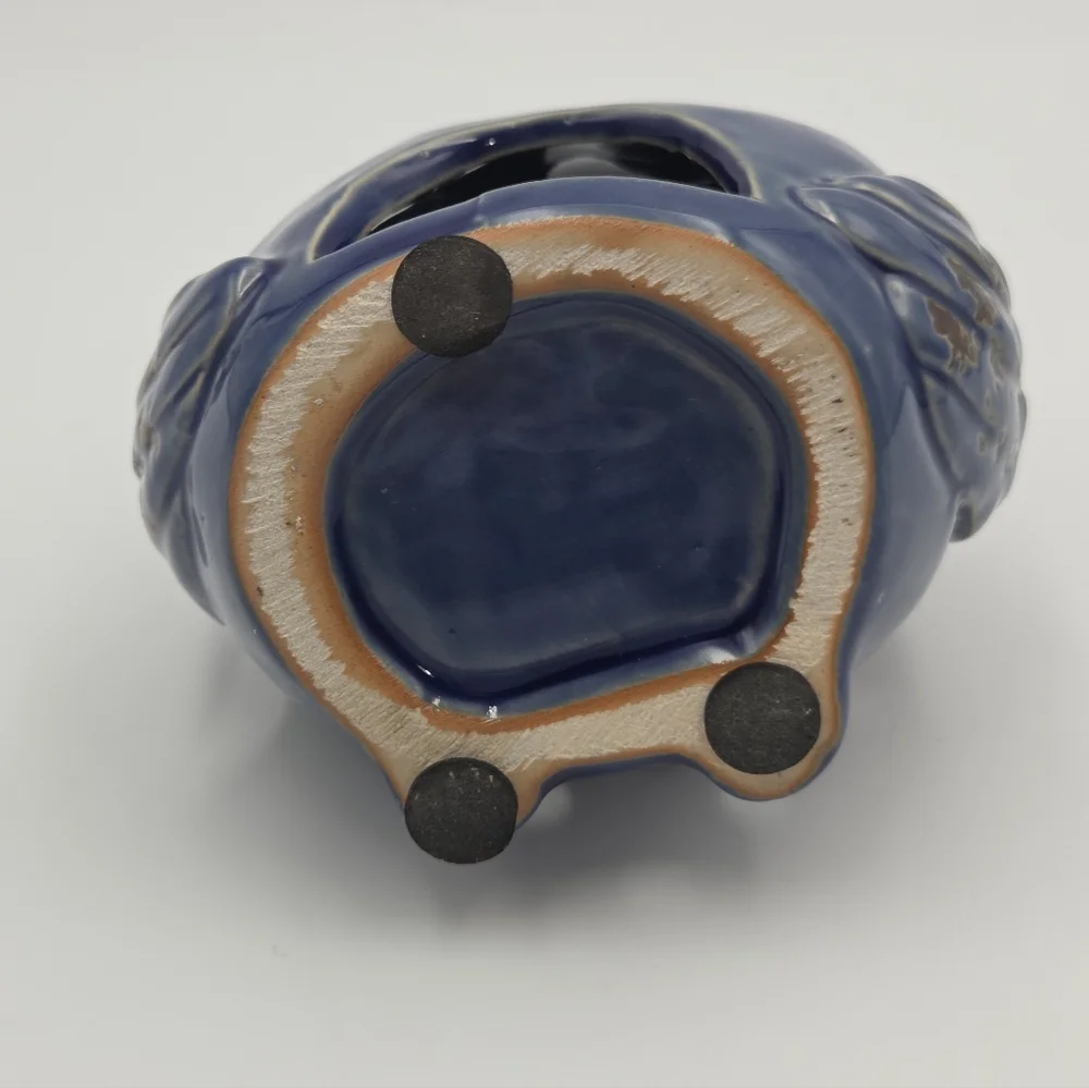 Owl Luminary Candle Votive‎ MCM Stoneware Pottery Blue Decor Cut Outs 5